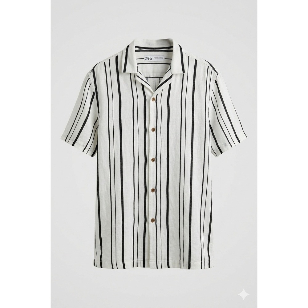 Zara Man Linen Blend Button Up Shirt Vacation Resortwear Size M Striped Casual